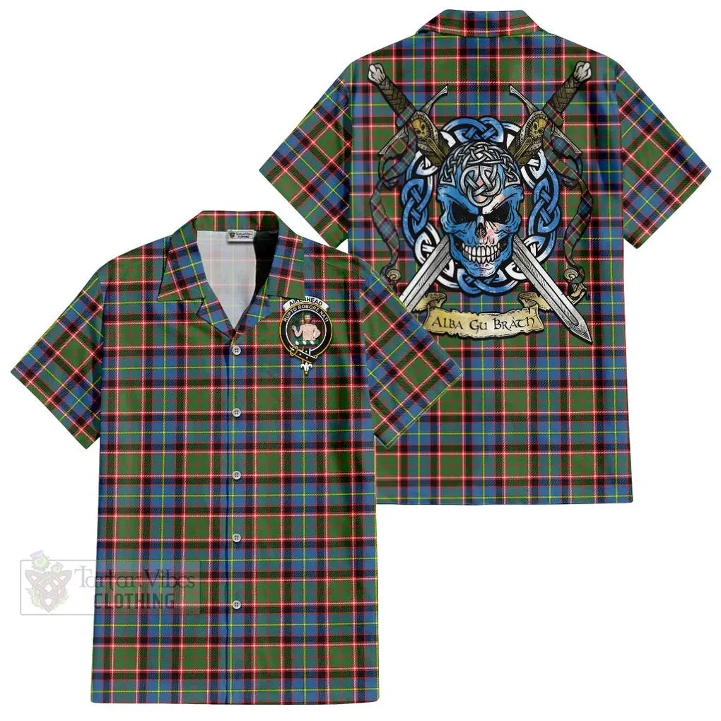 Aikenhead Tartan Short Sleeve Button Shirt with Family Crest Celtic Skull Style