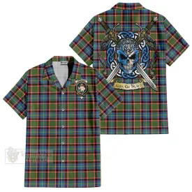 Aikenhead Tartan Short Sleeve Button Shirt with Family Crest Celtic Skull Style
