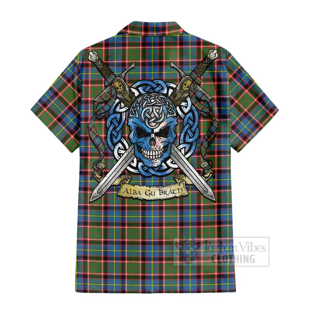 Aikenhead Tartan Short Sleeve Button Shirt with Family Crest Celtic Skull Style