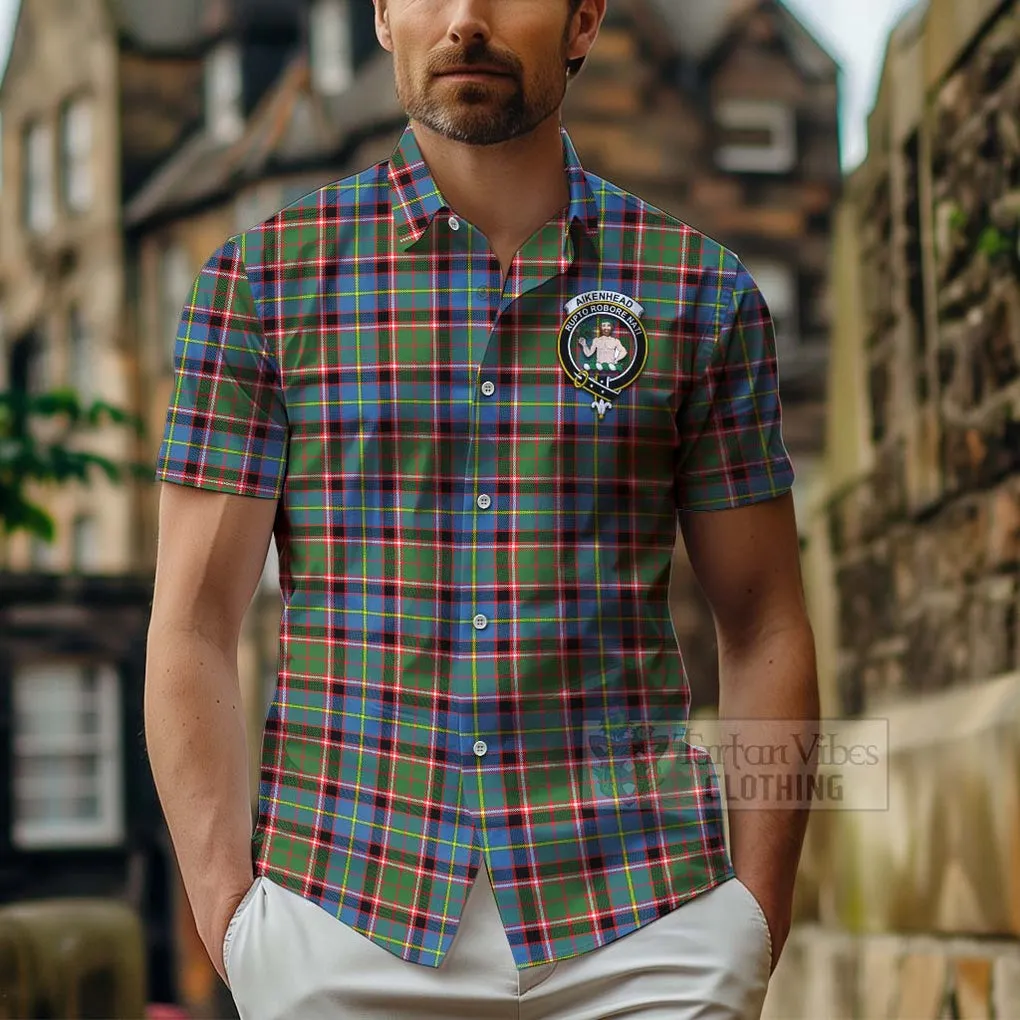 Aikenhead Tartan Short Sleeve Button Shirt with Family Crest Celtic Skull Style