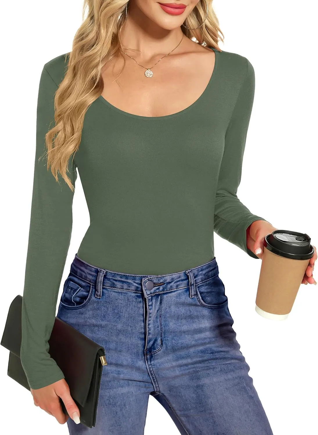Amoretu Tops for Women Basic Long Sleeve T Shirts Plain Casual Loose Fit Round Neck Tee for Fall Clothing