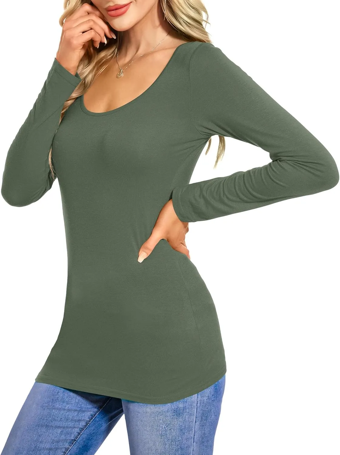 Amoretu Tops for Women Basic Long Sleeve T Shirts Plain Casual Loose Fit Round Neck Tee for Fall Clothing