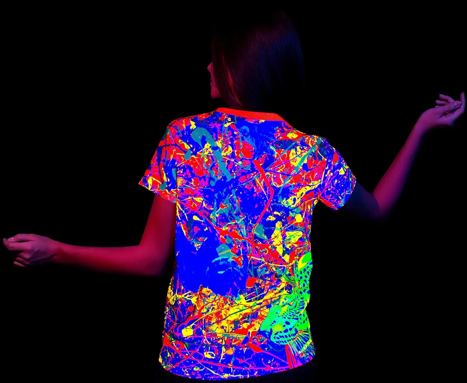 aofmoka Ultraviolet Fluorescent Handmade Art Neon Blacklight Reactive Print Women T-Shirt