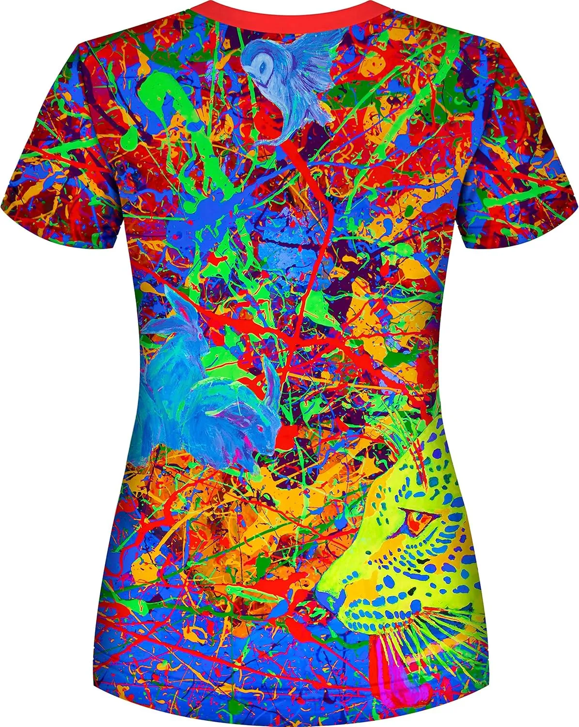 aofmoka Ultraviolet Fluorescent Handmade Art Neon Blacklight Reactive Print Women T-Shirt