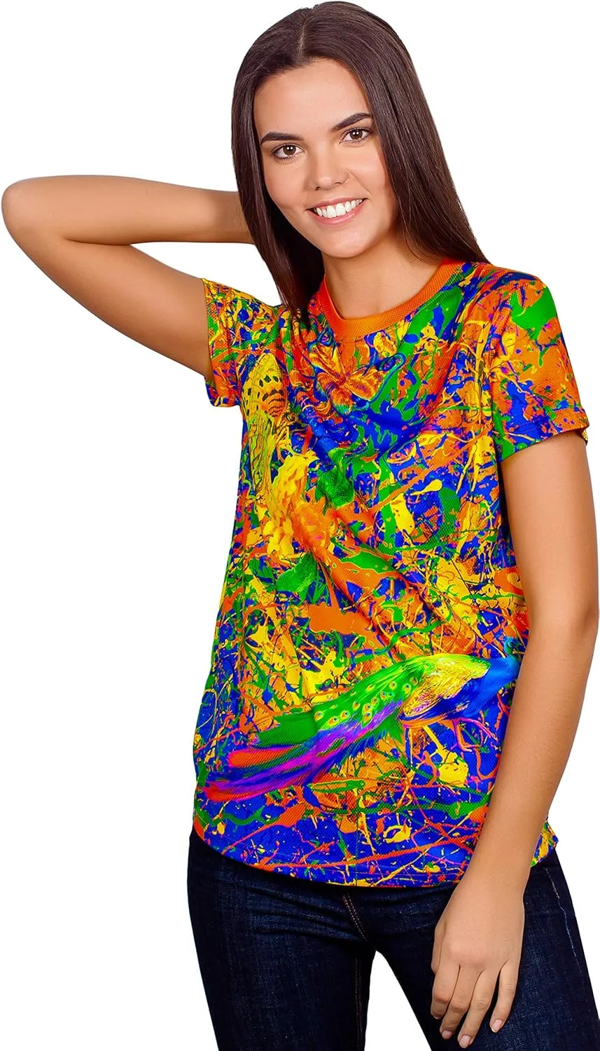 aofmoka Ultraviolet Fluorescent Handmade Art Neon Blacklight Reactive Print Women T-Shirt