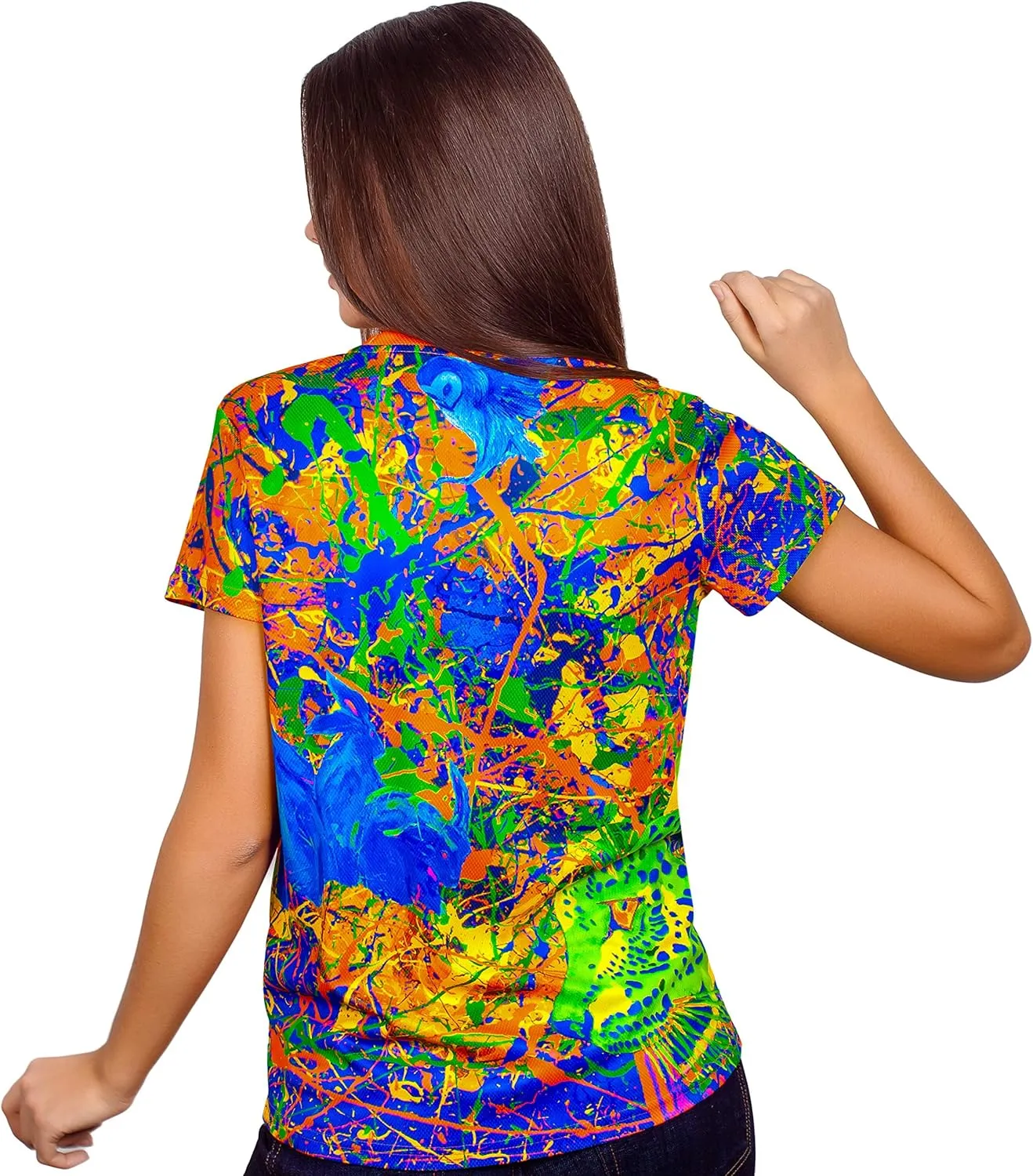 aofmoka Ultraviolet Fluorescent Handmade Art Neon Blacklight Reactive Print Women T-Shirt