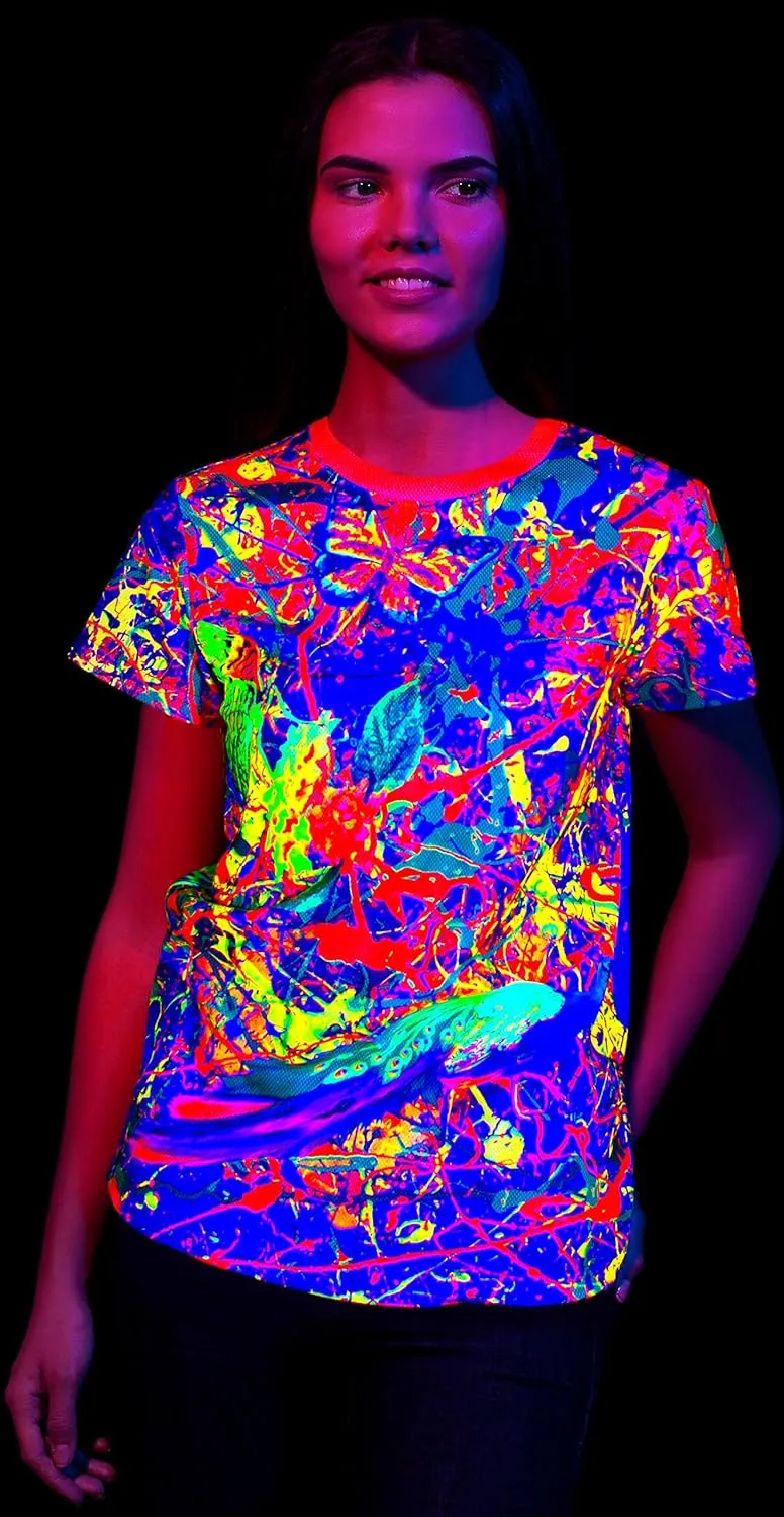 aofmoka Ultraviolet Fluorescent Handmade Art Neon Blacklight Reactive Print Women T-Shirt