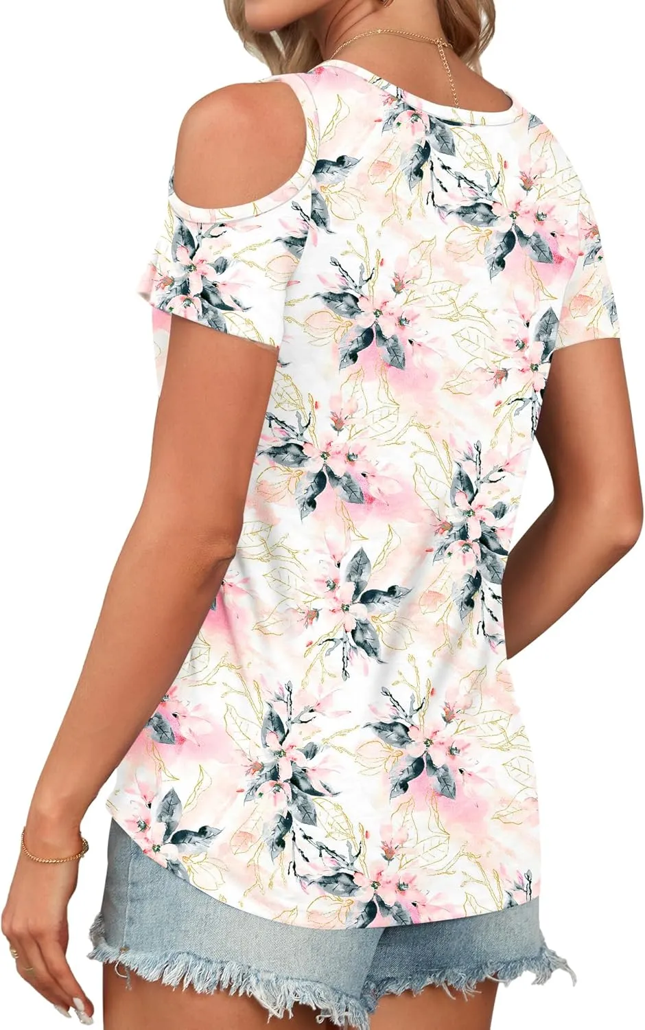 AUSELILY Womens Summer T Shirts Casual Ladies V Neck Tops Short Sleeve Cold Shoulder Loose Fit Blouse 2025 Trendy Clothing