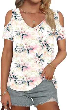 AUSELILY Womens Summer T Shirts Casual Ladies V Neck Tops Short Sleeve Cold Shoulder Loose Fit Blouse 2025 Trendy Clothing