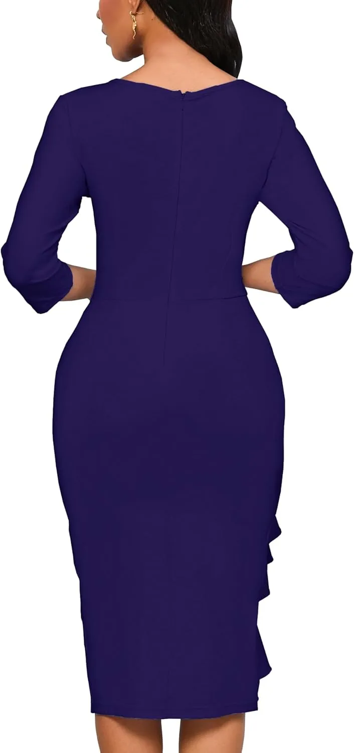 Church Dresses for Women 3/4 Sleeve Bodycon Ruffle Vintage Wear to Work Pencil Midi Dress
