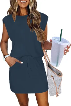 ETCYY NEW Womens Cap Sleeve Summer Dress Crew Neck Tie Front A-Line Dresses Double Layer Hem Mini Dress