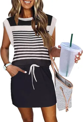 ETCYY NEW Womens Cap Sleeve Summer Dress Crew Neck Tie Front A-Line Dresses Double Layer Hem Mini Dress