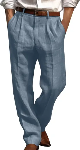 Finelylove Cotton Linen Pants Men Straight Leg Pleated Work Dress Pants Relaxed Fit Casual Leisure Chino Trousers