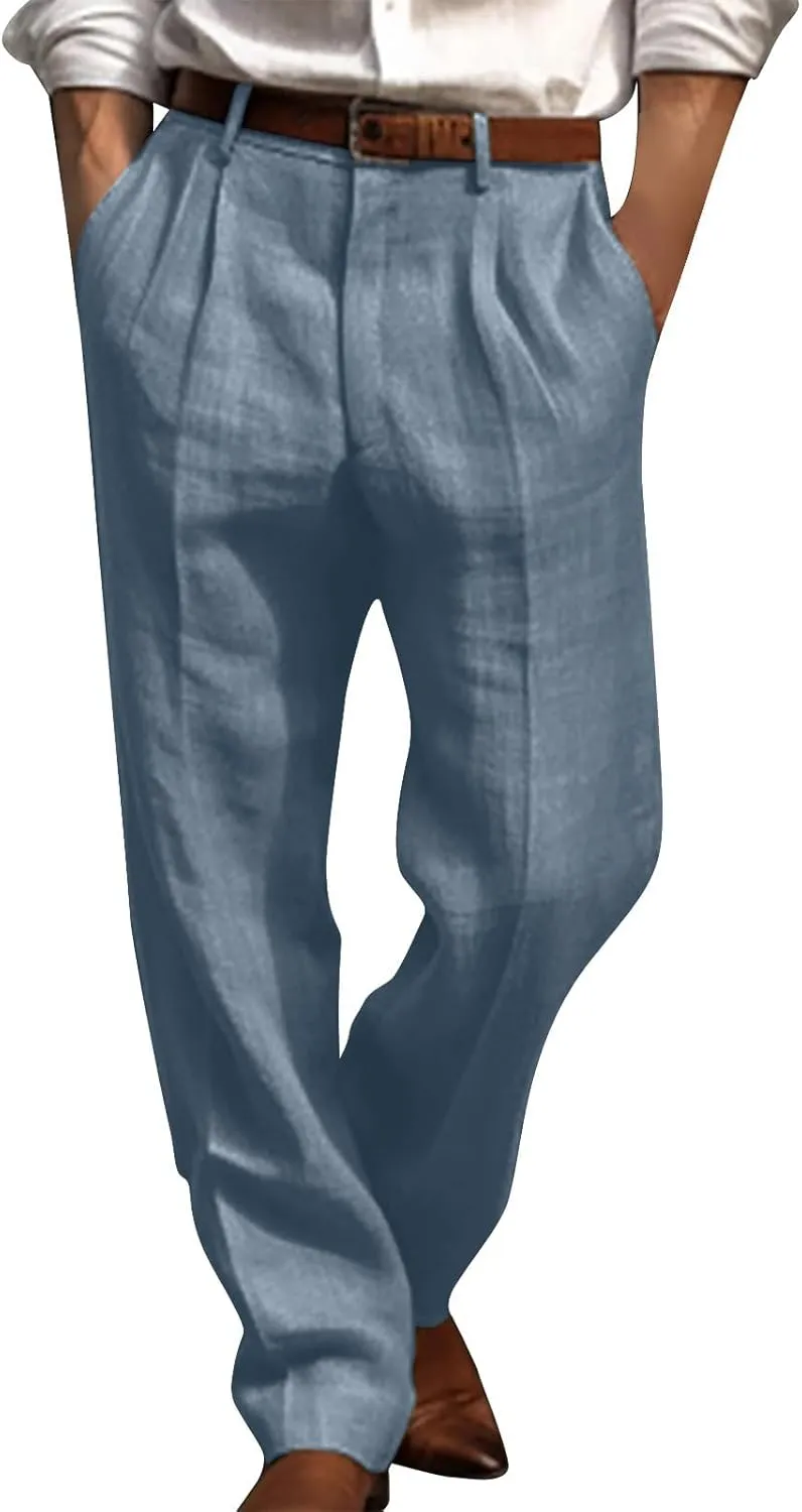 Finelylove Cotton Linen Pants Men Straight Leg Pleated Work Dress Pants Relaxed Fit Casual Leisure Chino Trousers