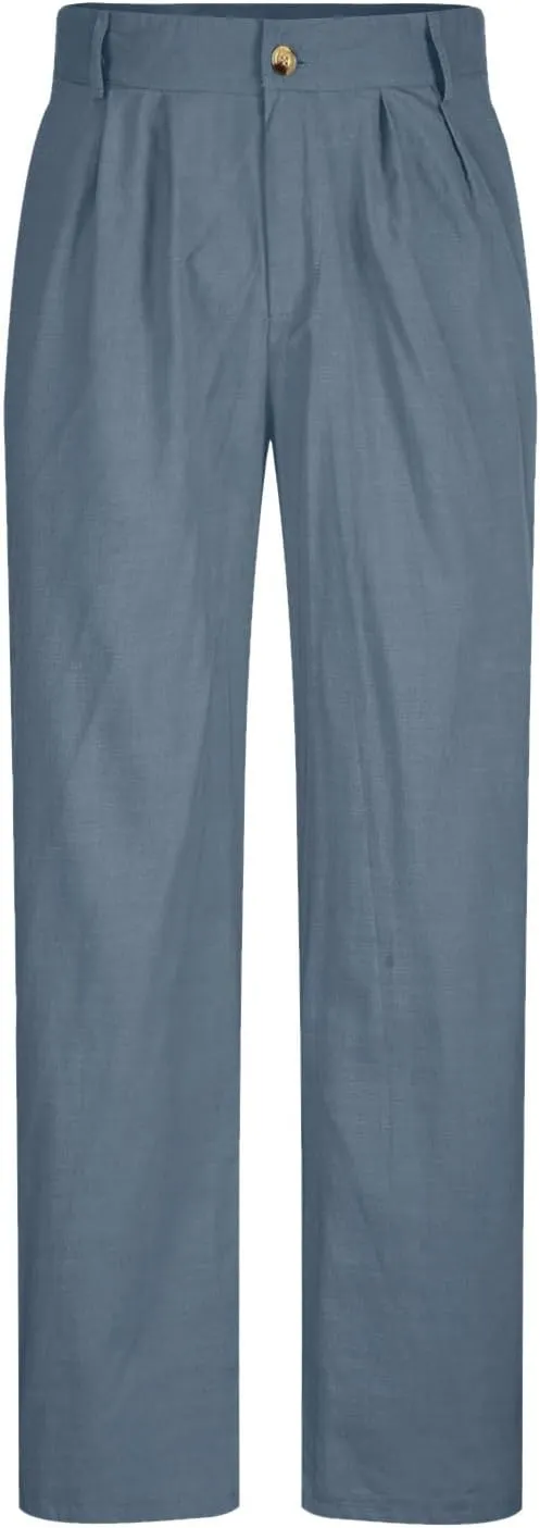 Finelylove Cotton Linen Pants Men Straight Leg Pleated Work Dress Pants Relaxed Fit Casual Leisure Chino Trousers