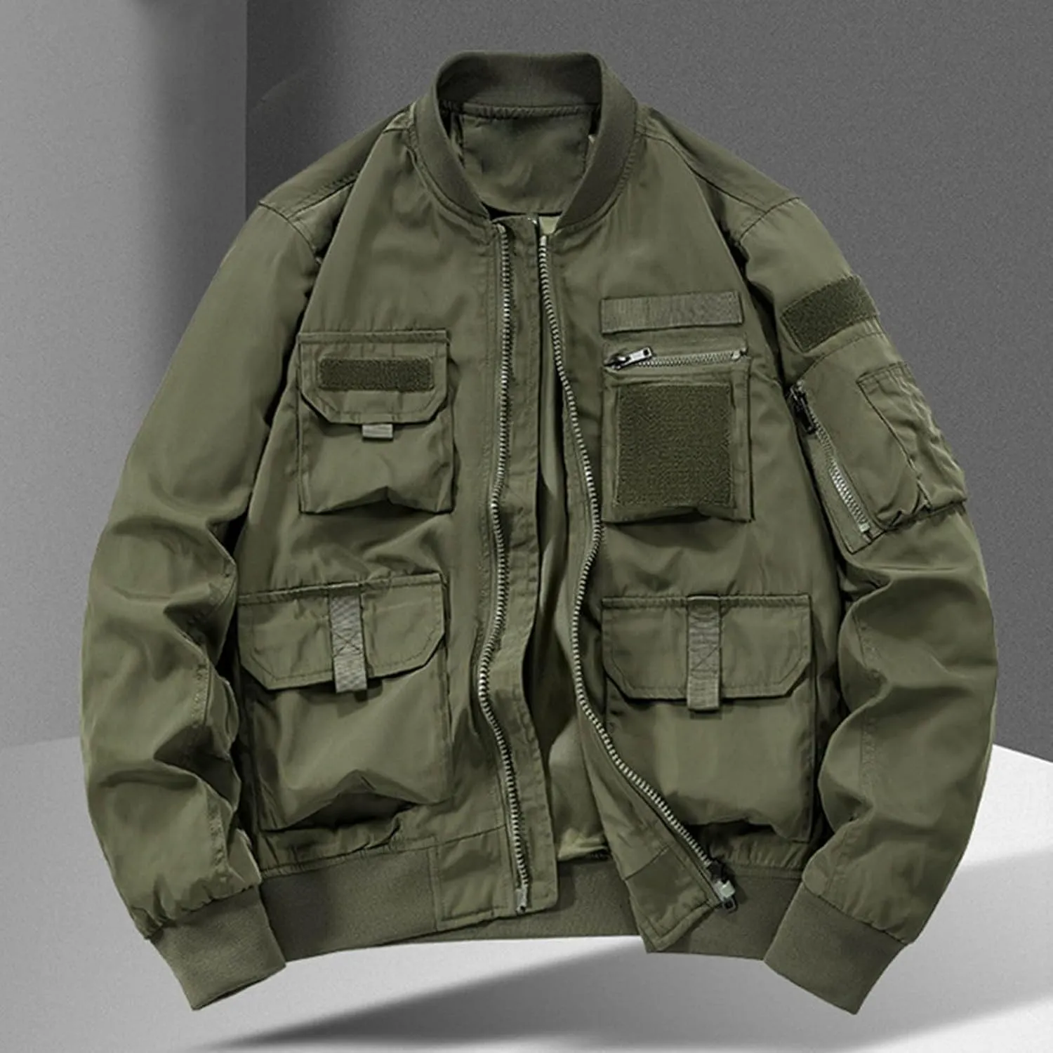 Finelylove Mens Military Tactical Jacket Cargo Flight Bomber Jacket Waterproof Nylon Windbreaker with Multi Pockets