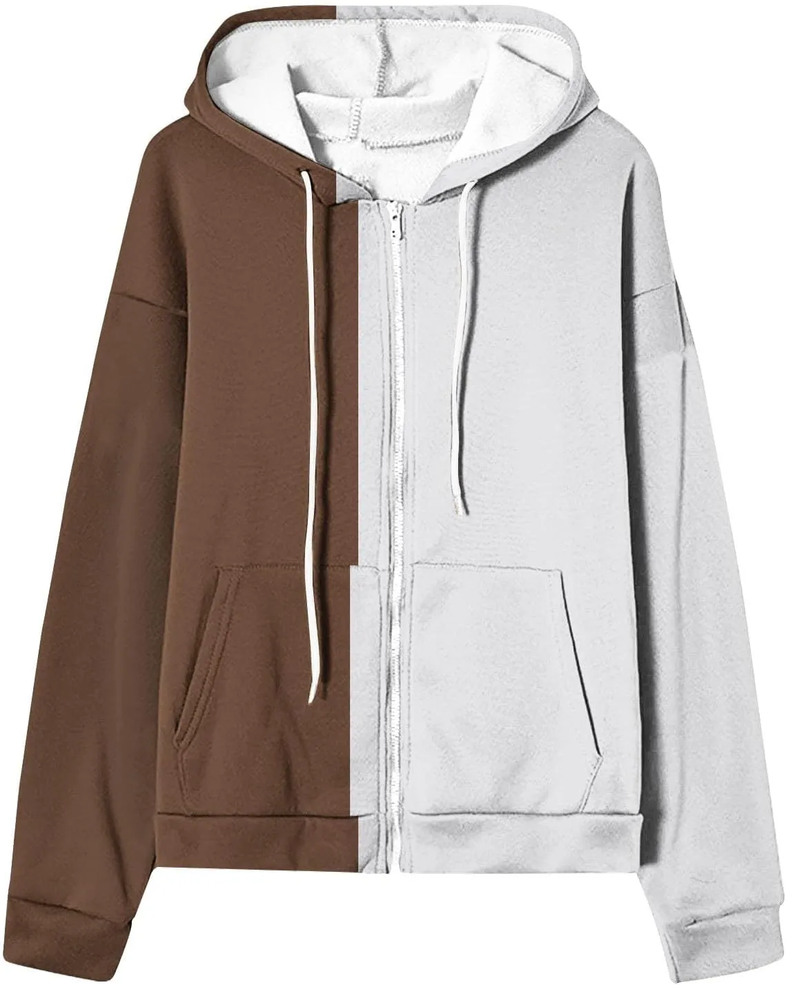 HGps8w Women's Full Zip Hoodies Colorblock Loose Sweatshirt Long Sleeve Casual Drawstring Outwear Jackets with Pockets