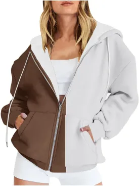 HGps8w Women's Full Zip Hoodies Colorblock Loose Sweatshirt Long Sleeve Casual Drawstring Outwear Jackets with Pockets