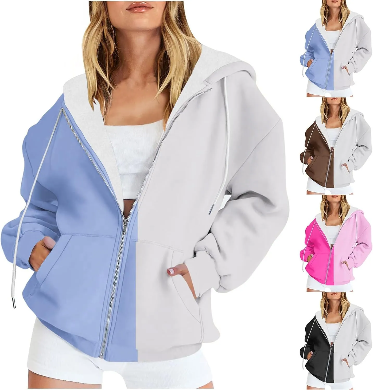 HGps8w Women's Full Zip Hoodies Colorblock Loose Sweatshirt Long Sleeve Casual Drawstring Outwear Jackets with Pockets