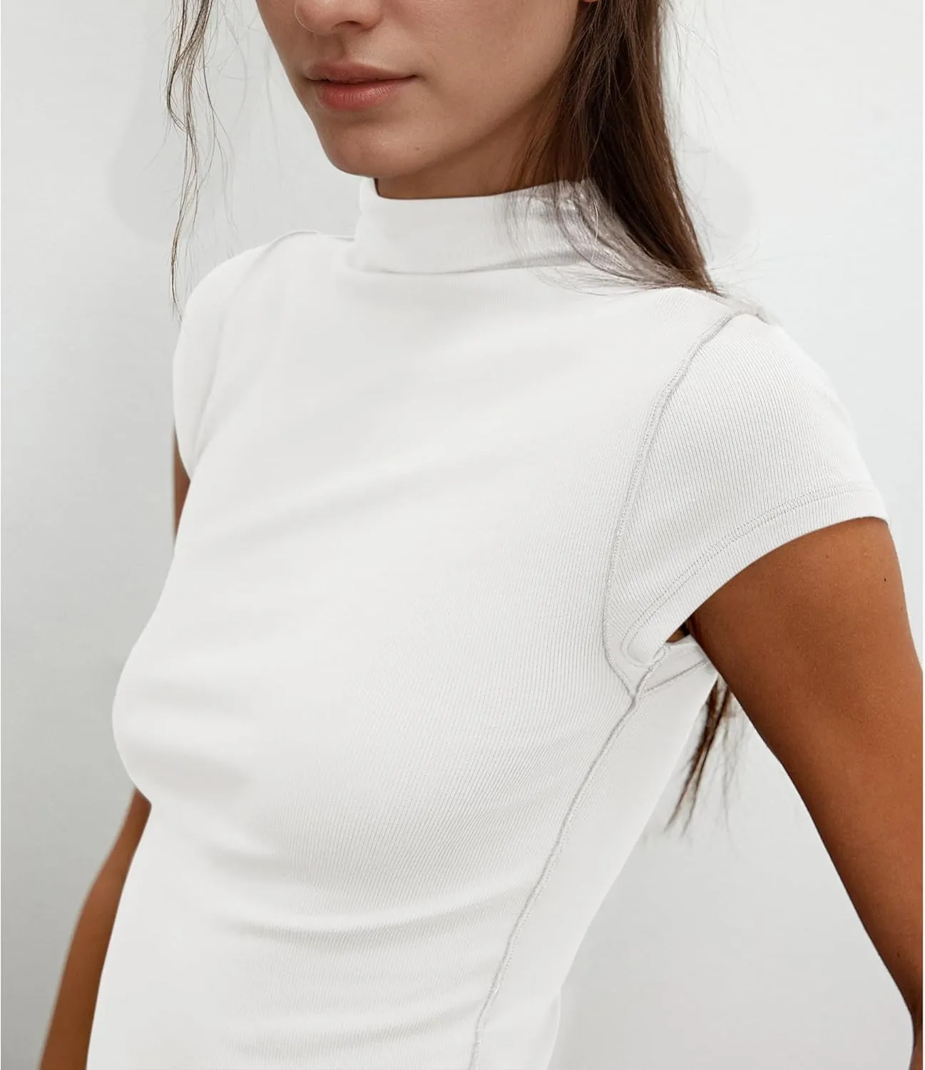 Hixiaohe Womens T-Shirt Cap Sleeve Top Casual Mock Neck Shirts Summer Tops Slim Fit Tees Y2k Clothing Trendy Fashion Outfits