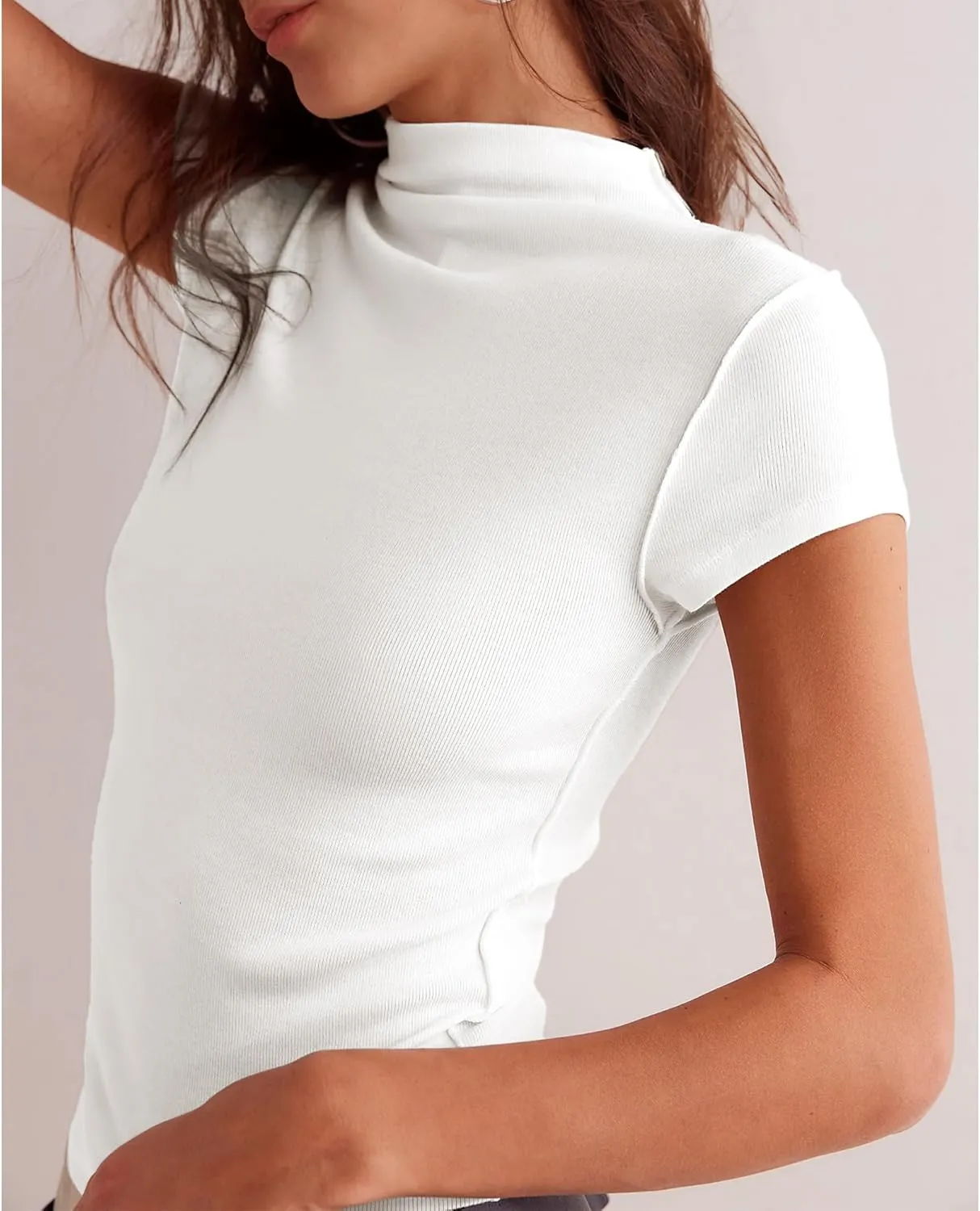 Hixiaohe Womens T-Shirt Cap Sleeve Top Casual Mock Neck Shirts Summer Tops Slim Fit Tees Y2k Clothing Trendy Fashion Outfits