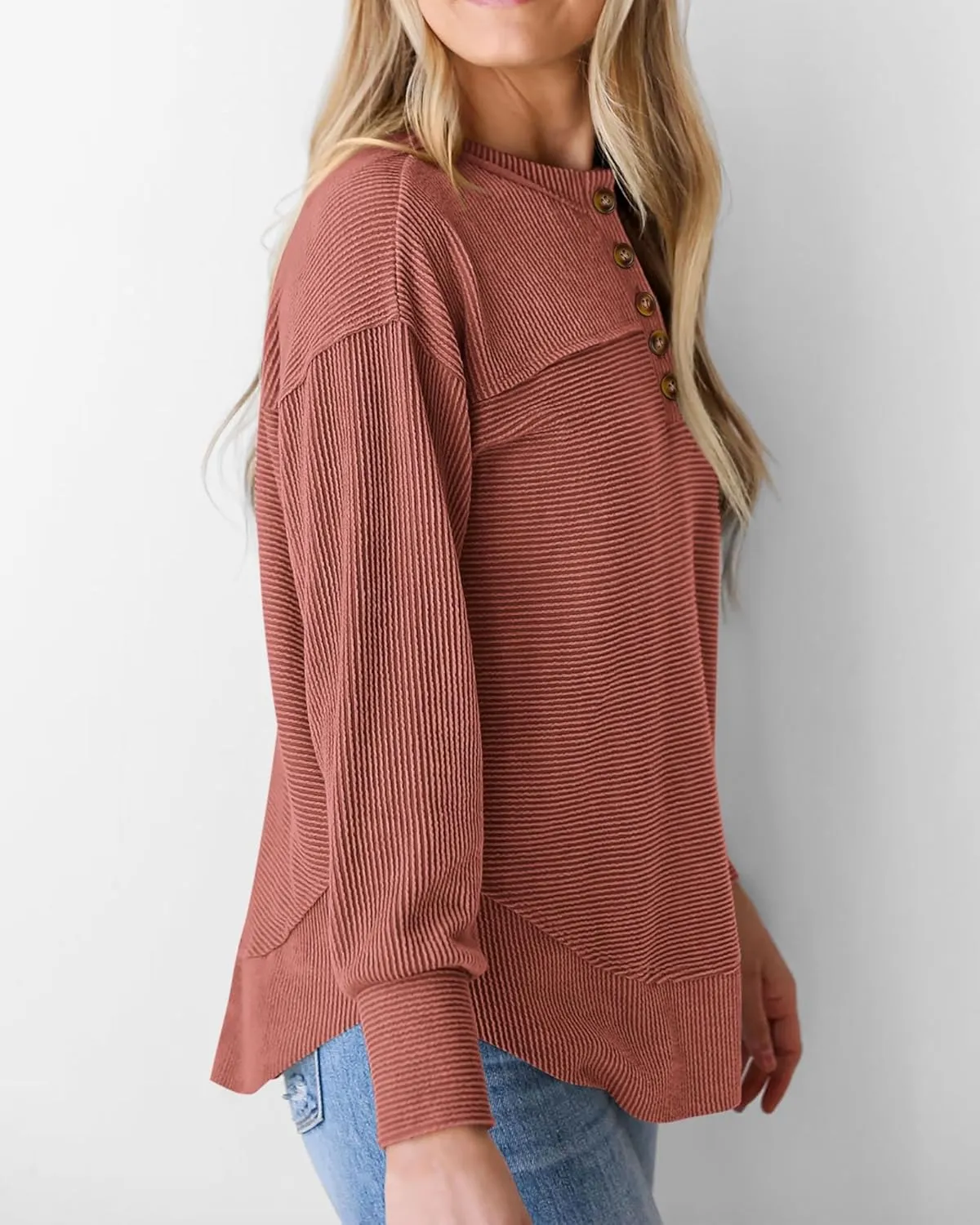 KIRUNDO Spring Tops for Women Henley Shirts 2025 Ribbed Knit Long Sleeve Tunic Button V Neck Loose Casual Blouse Clothing