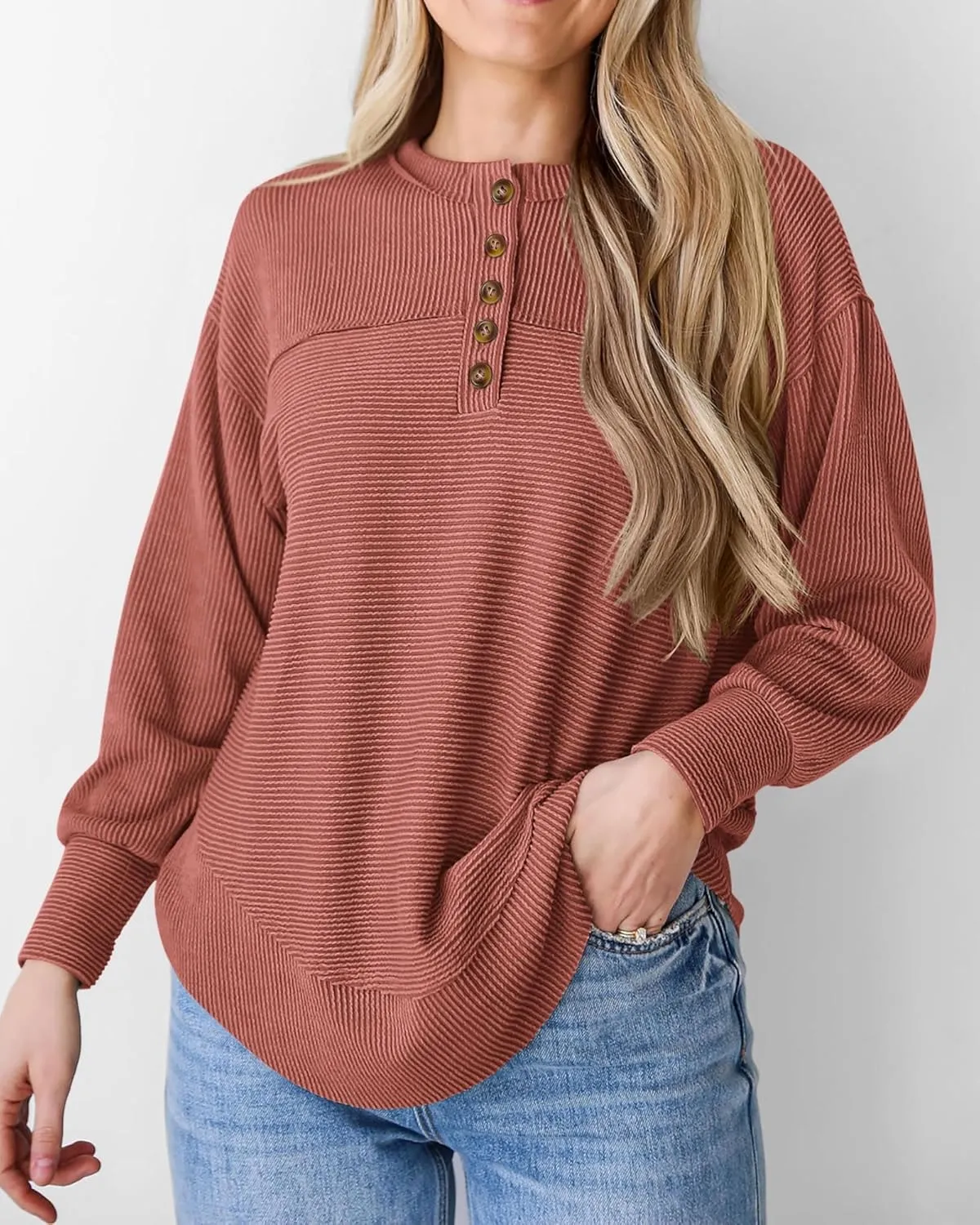 KIRUNDO Spring Tops for Women Henley Shirts 2025 Ribbed Knit Long Sleeve Tunic Button V Neck Loose Casual Blouse Clothing