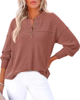 KIRUNDO Spring Tops for Women Henley Shirts 2025 Ribbed Knit Long Sleeve Tunic Button V Neck Loose Casual Blouse Clothing