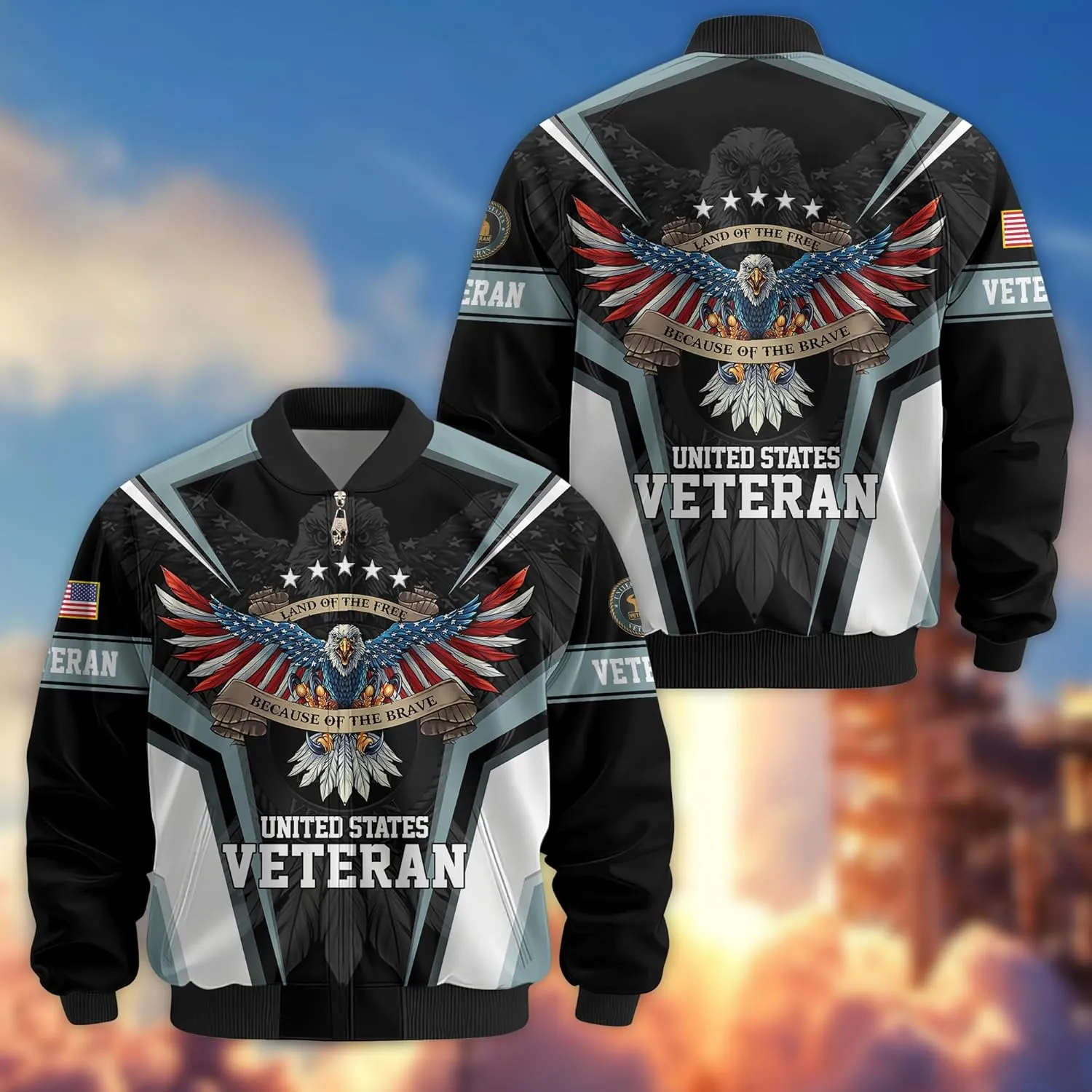 Land Of The Free Vets Jacket Bomber Veterans Jackets, Durable Military Windbreaker Jacket, Patriotic Jackets for Men
