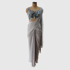 Light Grey And Silver Pre Drape Saree Set