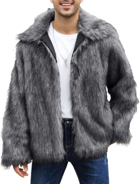 Mens Warm Thicken Furry Overcoat Trendy Short Faux Fur Coat Solid Color Long Sleeve Fur Y2K Outerwear