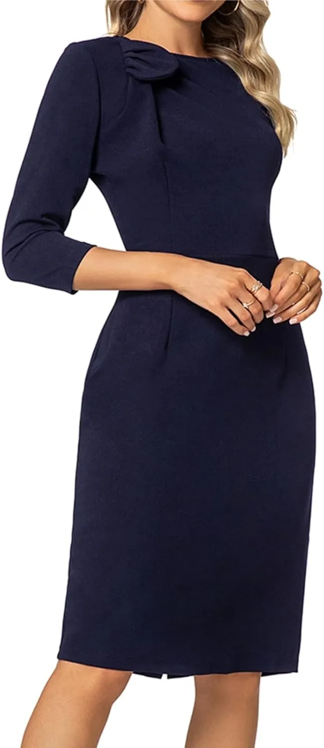 MINTLIMIT Women Sheath Dress 3/4 Sleeve Bow Neck Wear to Work Pencil Dresses