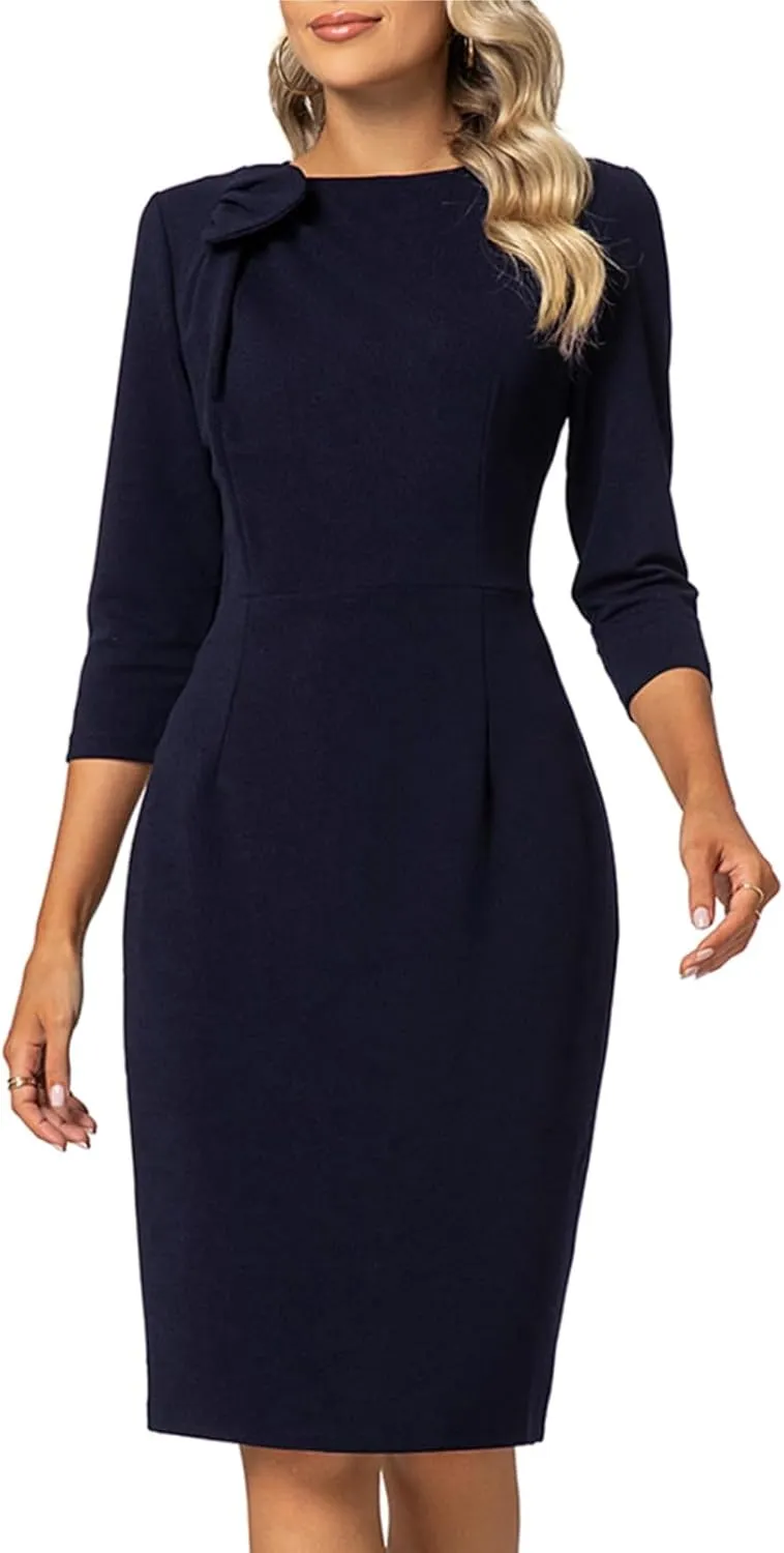 MINTLIMIT Women Sheath Dress 3/4 Sleeve Bow Neck Wear to Work Pencil Dresses