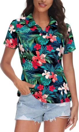 MNLYBABY Womens Golf Polo Shirts Hawaiian Golf Shirt Cool Summer Hawaii Tops Floral Tropic Print Workout Short Sleeve Tee