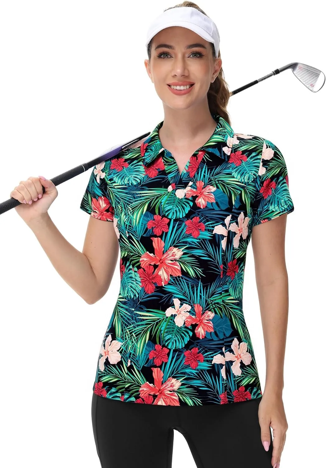 MNLYBABY Womens Golf Polo Shirts Hawaiian Golf Shirt Cool Summer Hawaii Tops Floral Tropic Print Workout Short Sleeve Tee