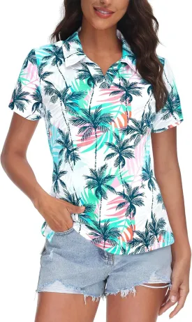 MNLYBABY Womens Golf Polo Shirts Hawaiian Golf Shirt Cool Summer Hawaii Tops Floral Tropic Print Workout Short Sleeve Tee