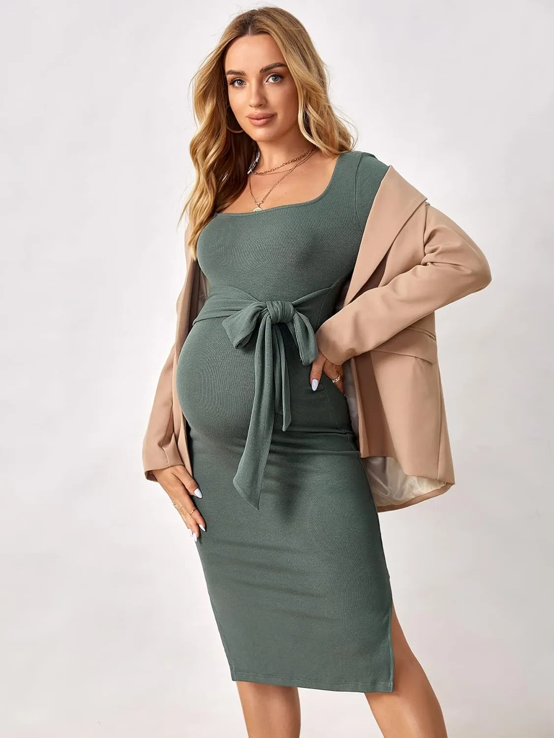 OYOANGLE Women's Maternity Rib Knit Split Hem Knot Front Square Neck Long Sleeve Bodycon Midi Dress