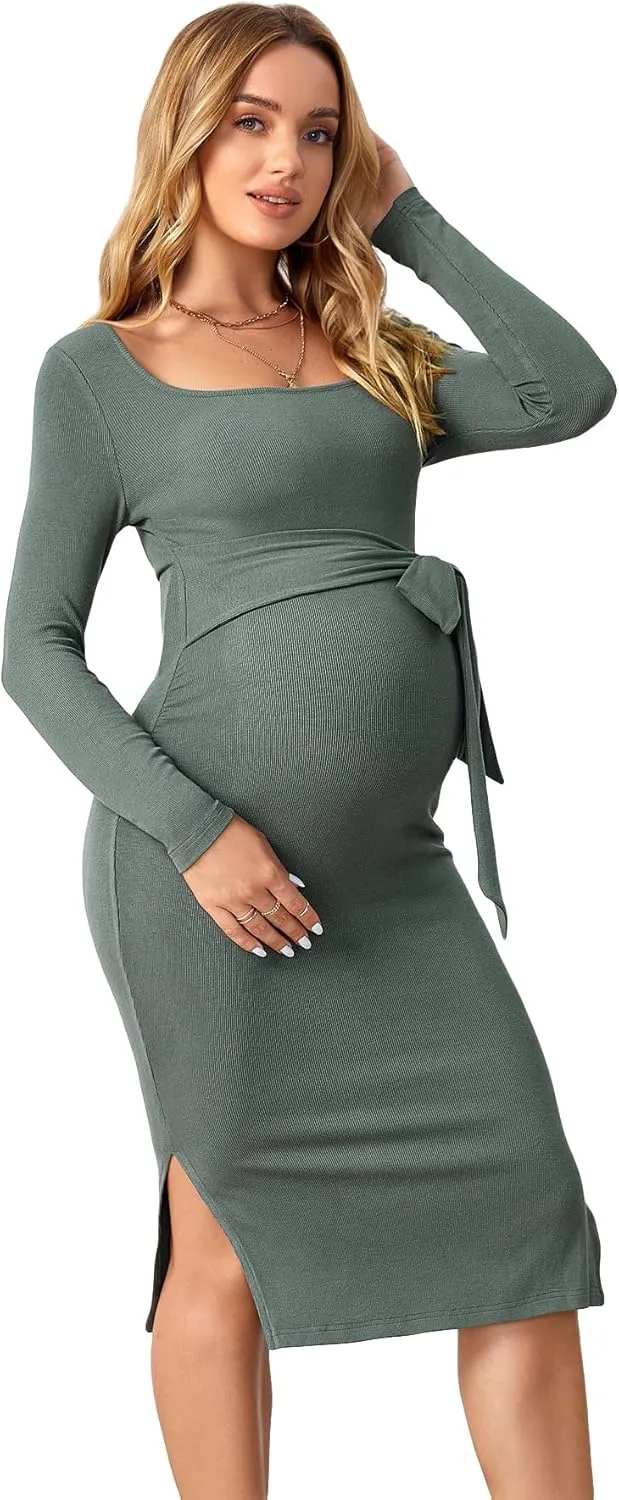 OYOANGLE Women's Maternity Rib Knit Split Hem Knot Front Square Neck Long Sleeve Bodycon Midi Dress