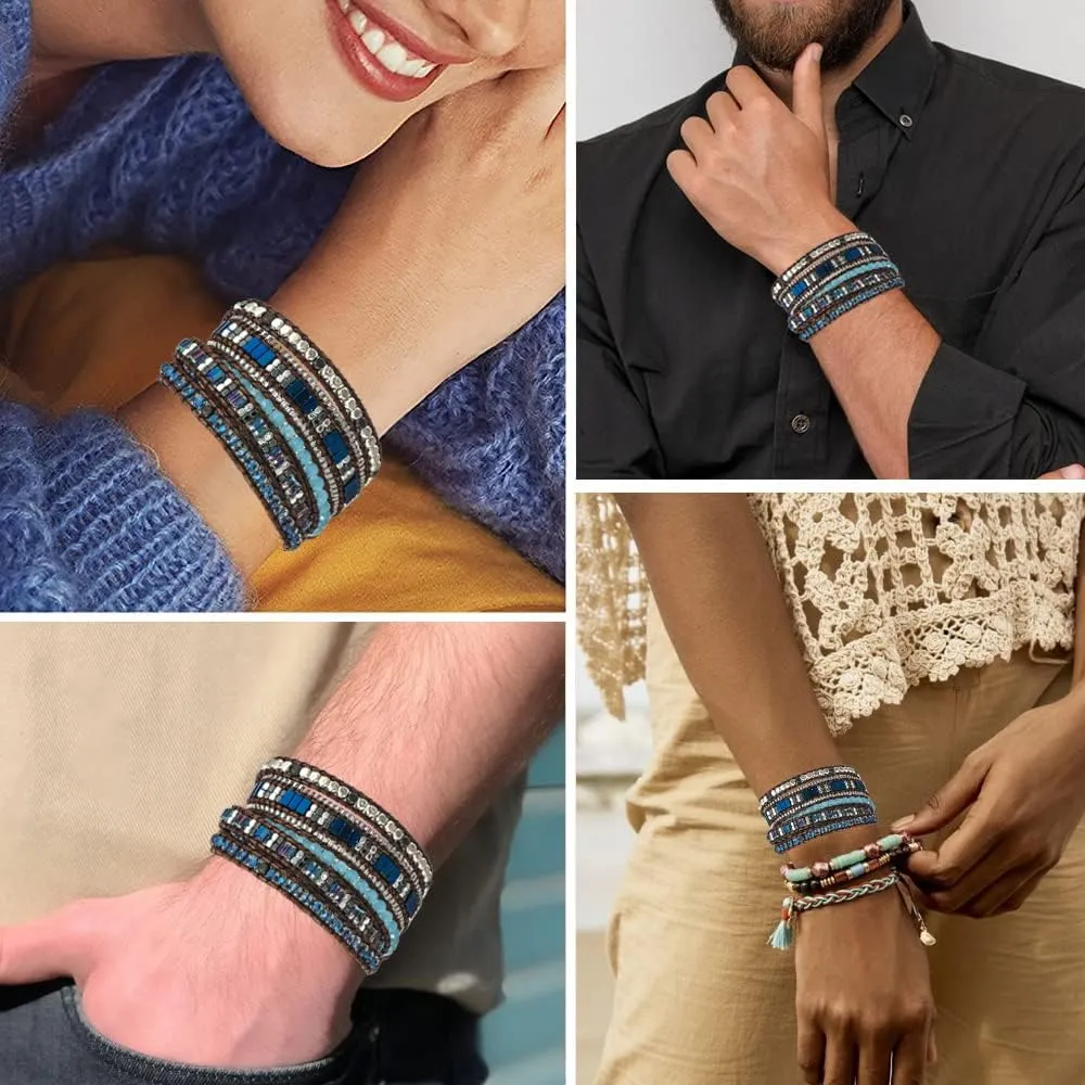 Plumiss Women Boho Handmade Natural Stone Crystal Leather Bead Wrap Bracelets Collection