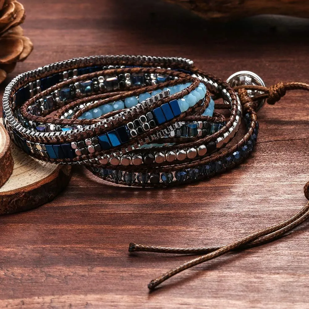 Plumiss Women Boho Handmade Natural Stone Crystal Leather Bead Wrap Bracelets Collection