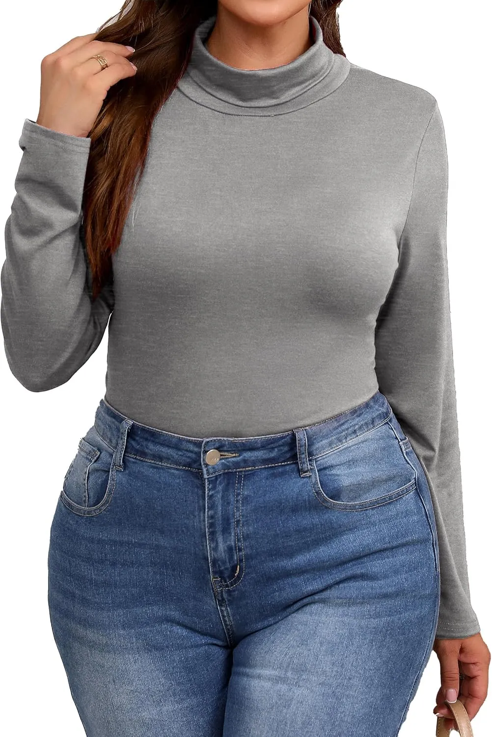 Plus Size Turtleneck Shirt Women Long Sleeve Slim Fit Mock Neck Bodycon Tops