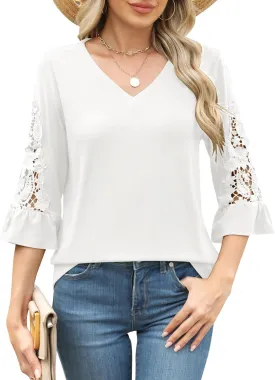 Rapbin 3/4 Length Sleeve Womens Tops Summer Lace Ruffles Sleeve T Shirts V-Neck Dressy Casual Trendy Tunic Blouses