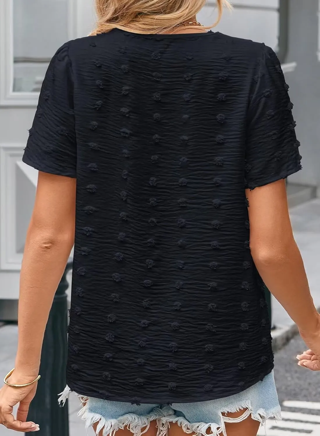 Summer Tops For Women 2025 Boho Swiss Dot Blouses Short Sleeve Shirts Flowy V Neck Casual Peasant Lace Hem Clothing