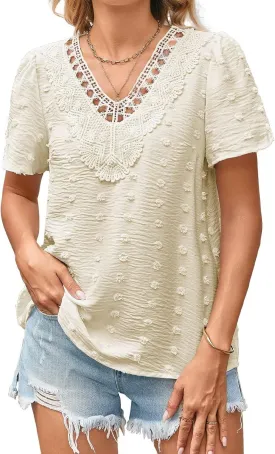 Summer Tops For Women 2025 Boho Swiss Dot Blouses Short Sleeve Shirts Flowy V Neck Casual Peasant Lace Hem Clothing