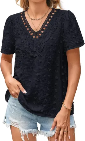 Summer Tops For Women 2025 Boho Swiss Dot Blouses Short Sleeve Shirts Flowy V Neck Casual Peasant Lace Hem Clothing