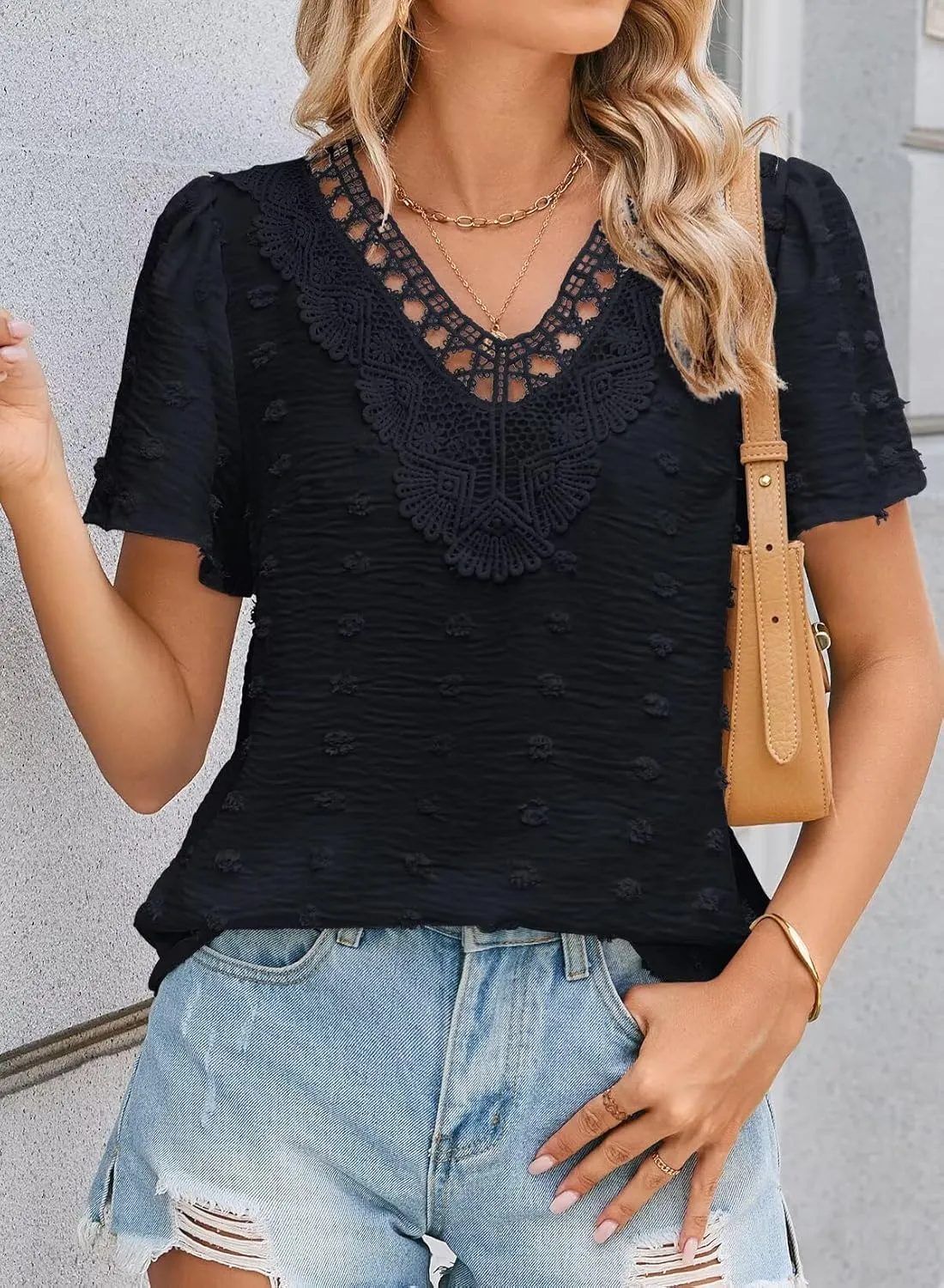 Summer Tops For Women 2025 Boho Swiss Dot Blouses Short Sleeve Shirts Flowy V Neck Casual Peasant Lace Hem Clothing
