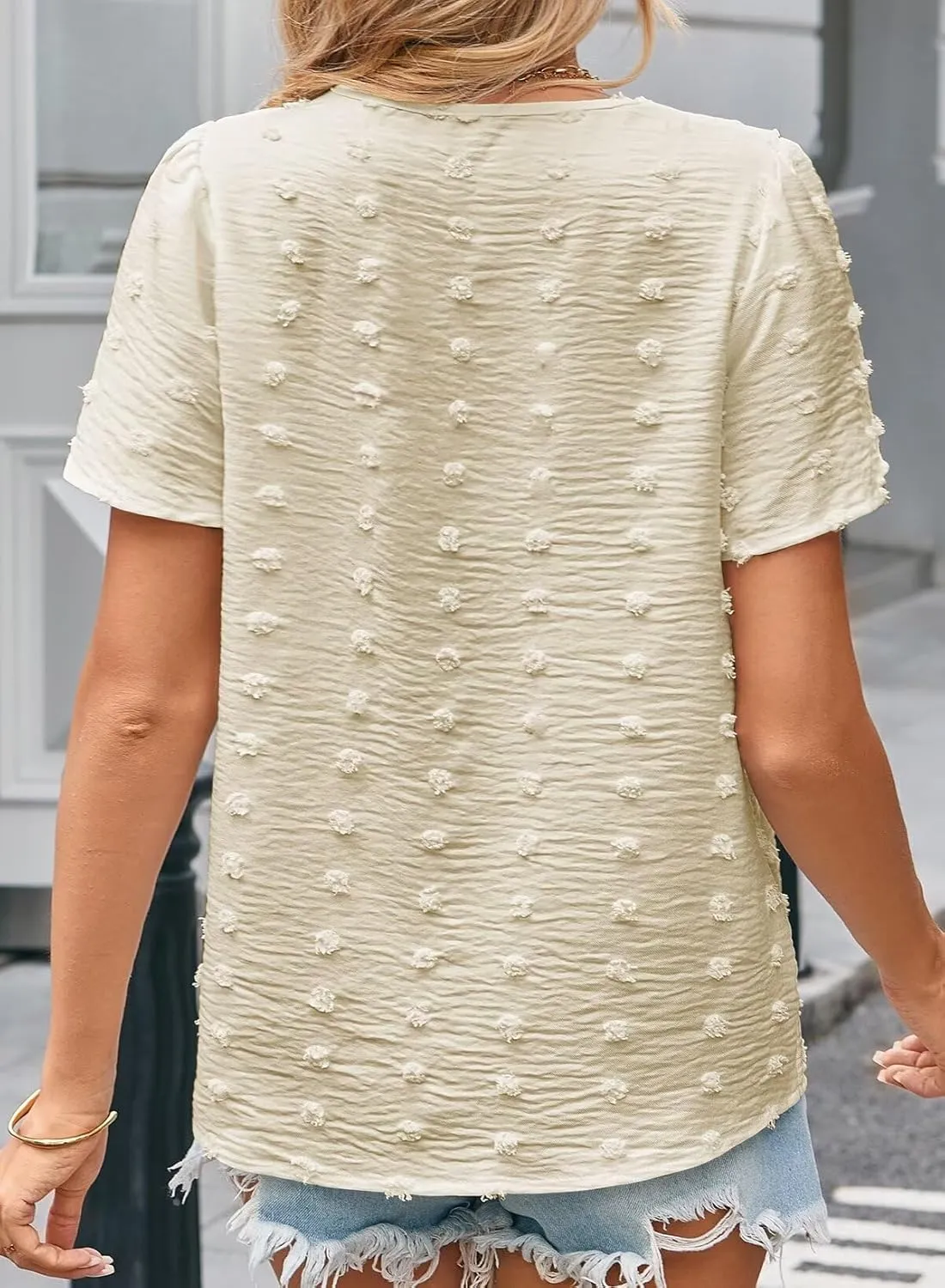 Summer Tops For Women 2025 Boho Swiss Dot Blouses Short Sleeve Shirts Flowy V Neck Casual Peasant Lace Hem Clothing
