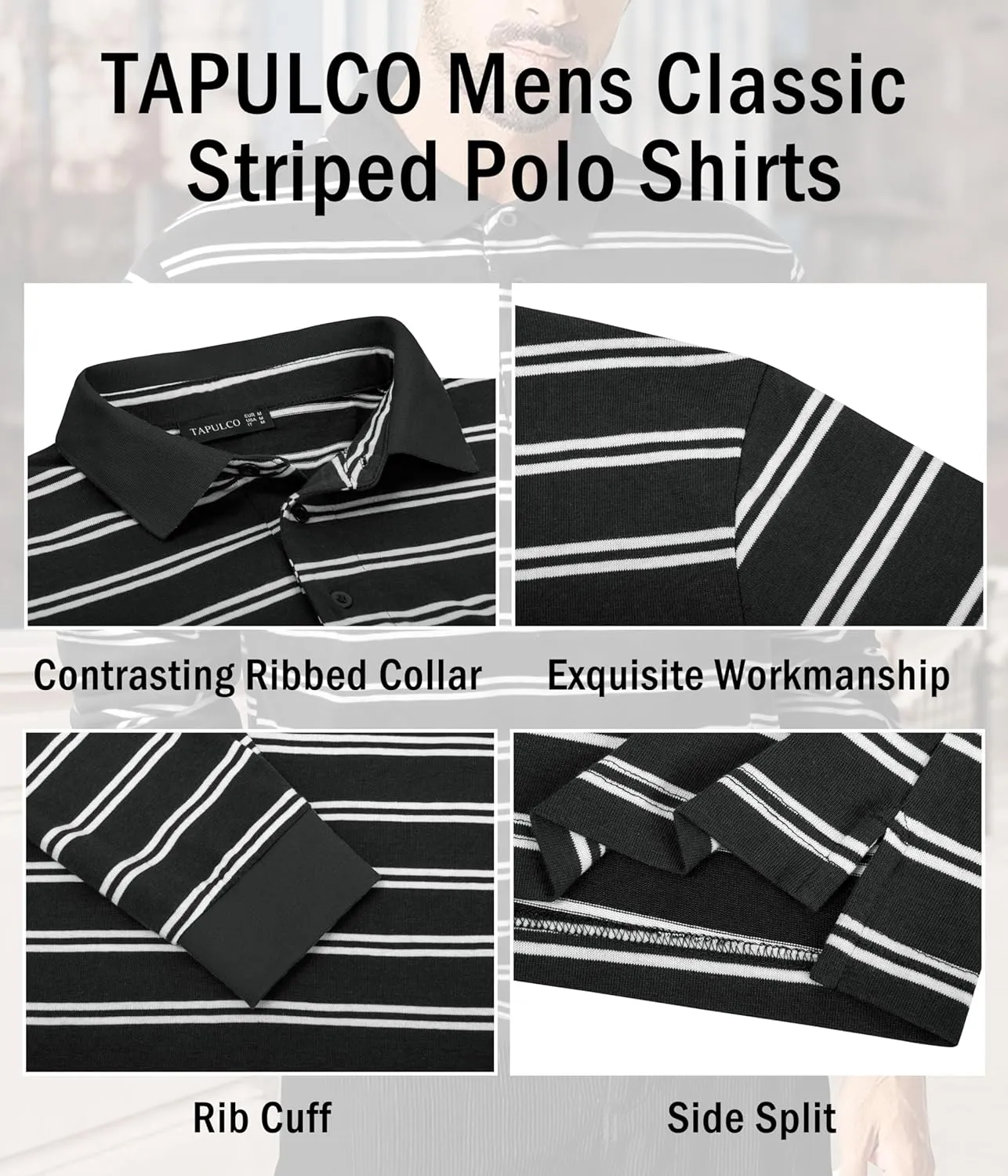 TAPULCO Mens Classic Fit Striped Polo Shirts Casual Collared Sports Golf Tennis Daily T-Shirts for Everyday Wear