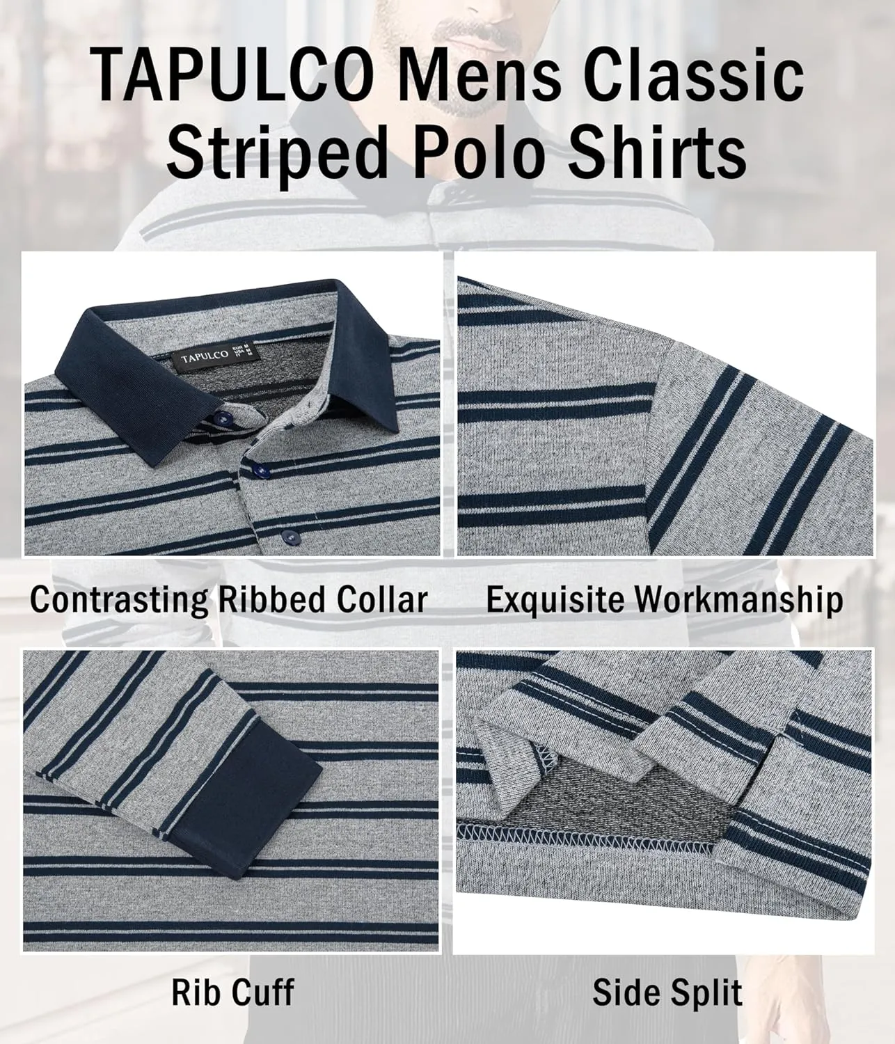 TAPULCO Mens Classic Fit Striped Polo Shirts Casual Collared Sports Golf Tennis Daily T-Shirts for Everyday Wear