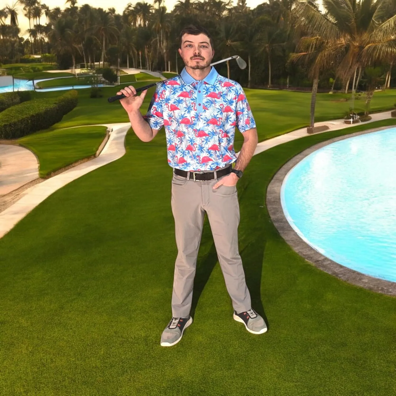 Tropical Hawaiian Golf Polo Shirt  Men Sizes S Thru 5XL Performance Moisture Wicking Dri Fit Flamingo Resort Wear Pickleball
